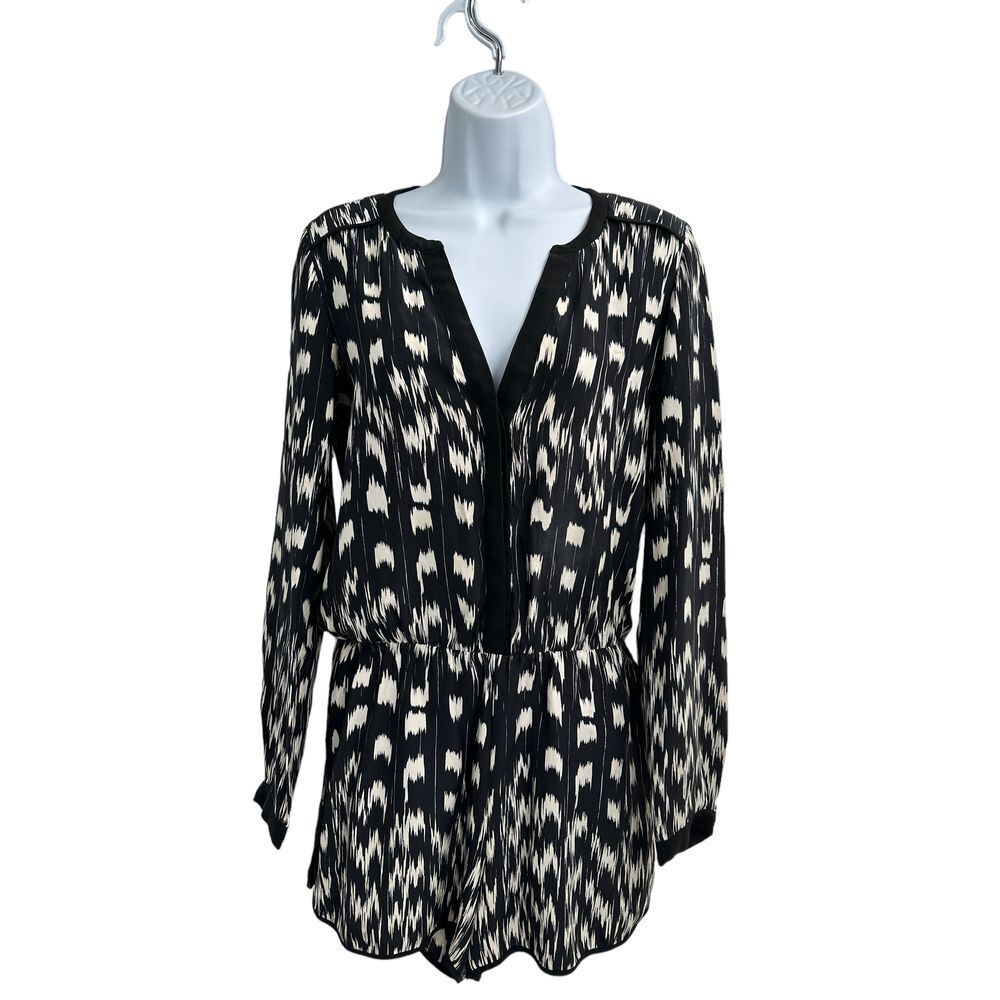 Parker Black/Cream V Neck Long Sleeve Silk Romper‎ Small
